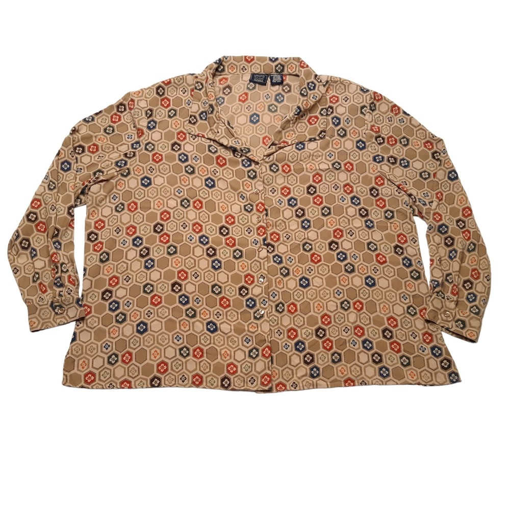 Laura Scott Blouse Womens Plus‎ 26W Tan Button Down Top Geometric Honeycomb